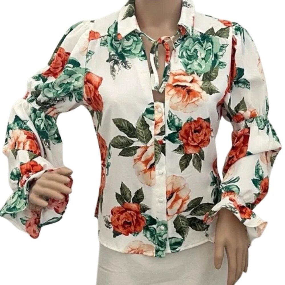 Milk & Honey Orange and Green Floral Blouse Top with Tie at Neck - Size S